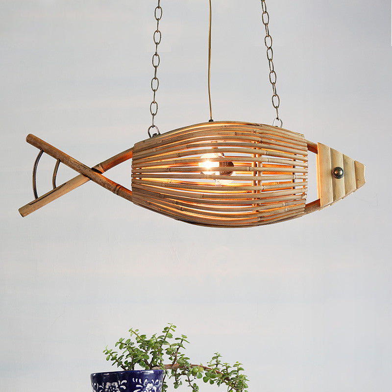 Bamboo Fish Cage Hanging Pendant Asian Style 2-Head Beige Ceiling Chandelier for Dining Room