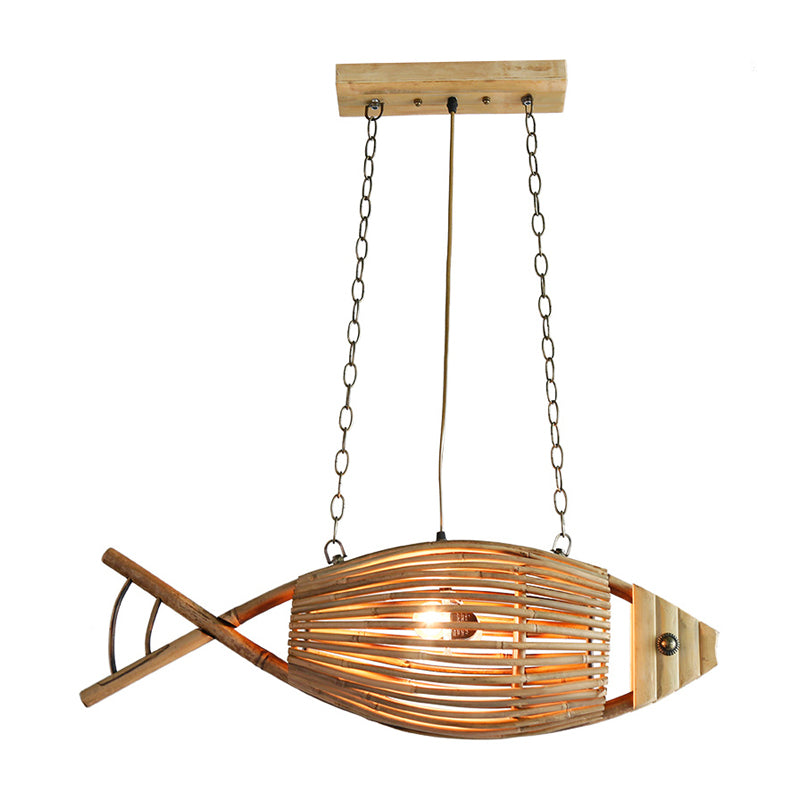 Bamboo Fish Cage Hanging Pendant Asian Style 2-Head Beige Ceiling Chandelier for Dining Room