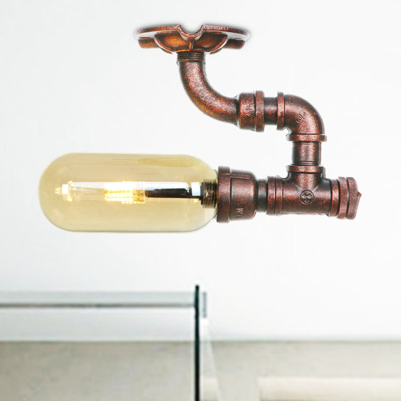 Ovale Shade Amber Glass Semi Flush Industrial Single Light Living Room Lighting Ayémorrat en cuivre altéré avec conception de tuyaux