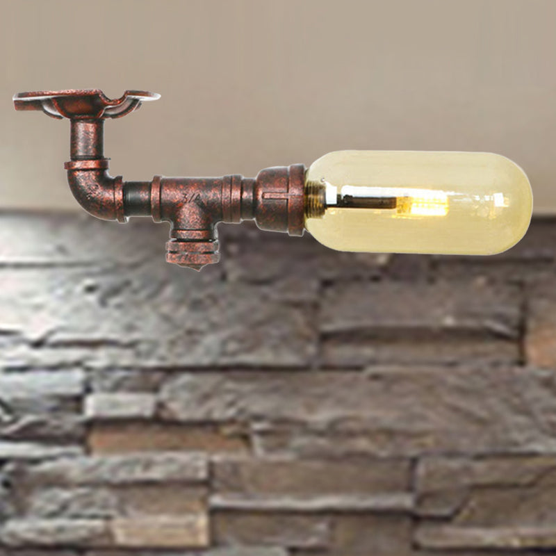 Ovale Shade Amber Glass Semi Flush Industrial Single Light Living Room Lighting Ayémorrat en cuivre altéré avec conception de tuyaux