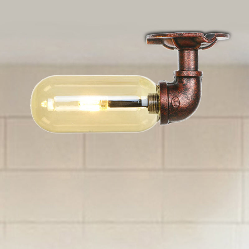 Ovale Shade Amber Glass Semi Flush Industrial Single Light Living Room Lighting Ayémorrat en cuivre altéré avec conception de tuyaux