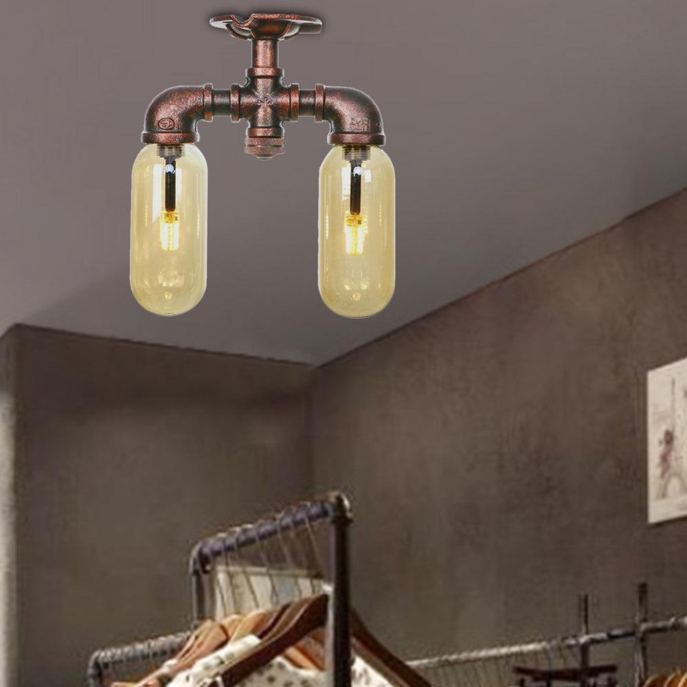 Capsule Shade Amber Glass Semi Flush Industrial 2-Bulb Sala da pranzo Lampada in rame stagionato