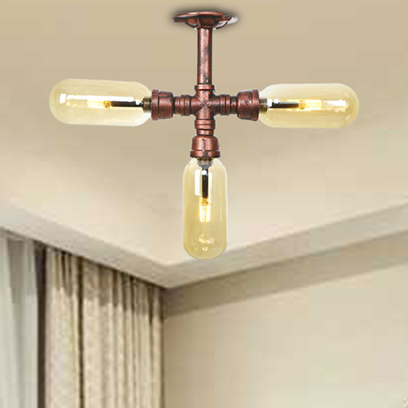 Sombra de cápsula industrial de montura de semi flush de vidrio ámbar 3/4/5 luces luz de techo en cobre desgastado con diseño de tuberías