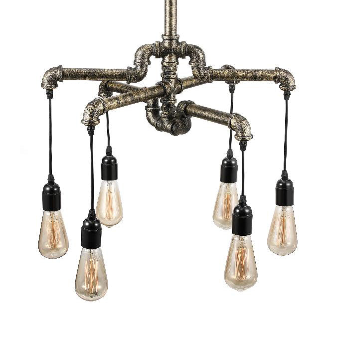 Aged Silver/Bronze Pipe Chandelier Lamp with Exposed Bulb Rustic Wrought Iron 6/8 Heads Indoor Hanging Light
