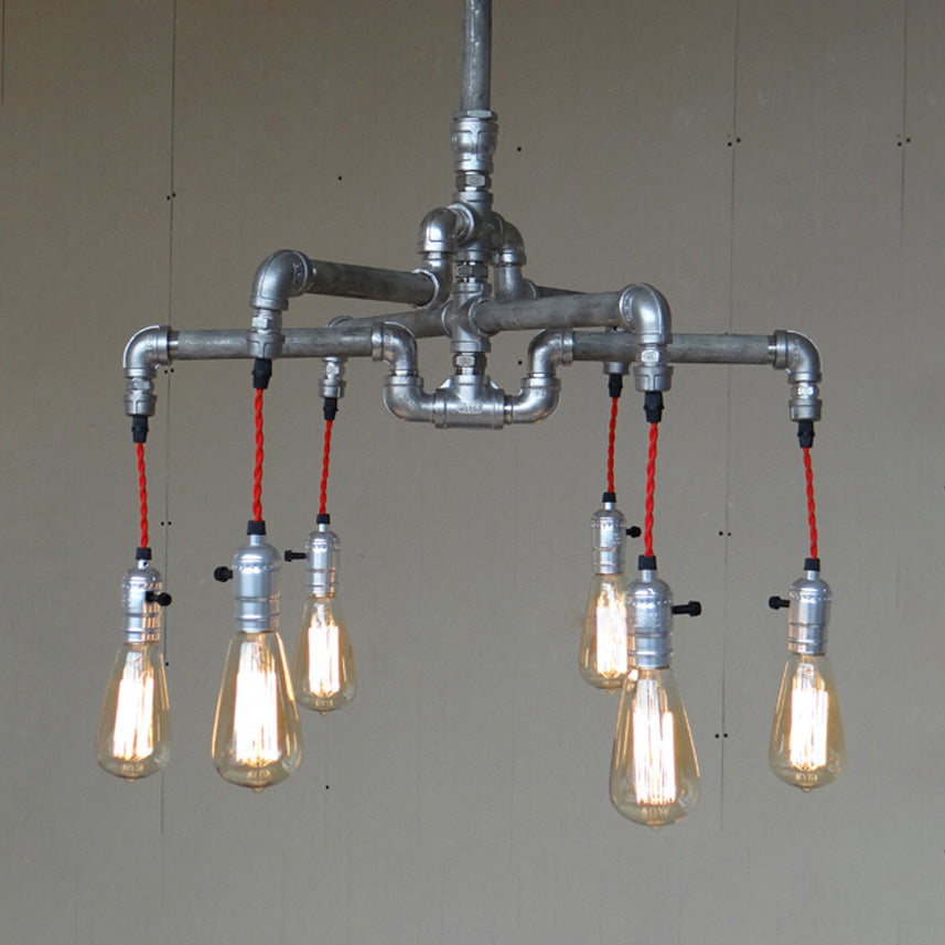 Aged Silver/Bronze Pipe Chandelier Lamp with Exposed Bulb Rustic Wrought Iron 6/8 Heads Indoor Hanging Light