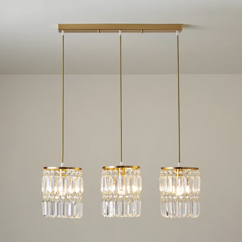 Crystal Prism Cylindrical Multi Pendant Modern 3 Heads Brass Ceiling Light with Round/Linear Canopy
