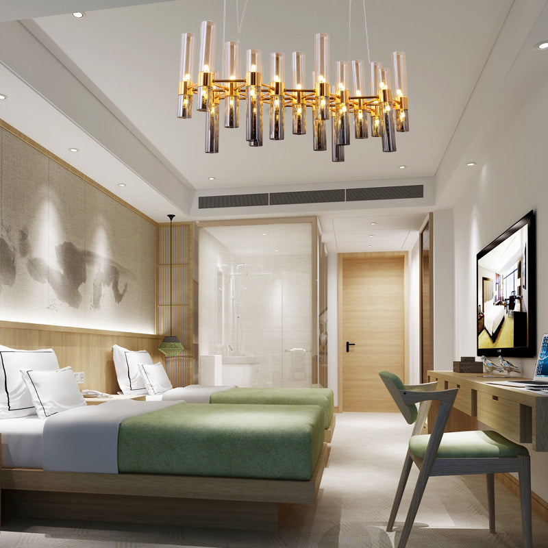 Gold Pipe Chandelier Light Fixture Modernism Smoke Glass 14/24/26 Lights Pendant Light Fixture for Bedroom