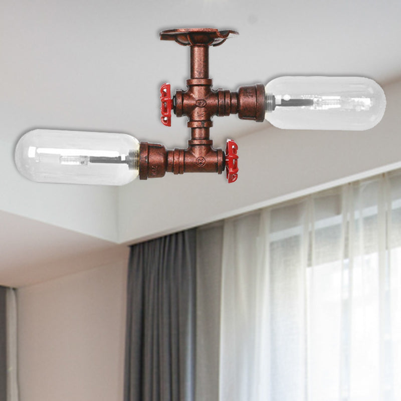 Capsule Shade Living Room Semi Flush Light Vintage Clear Glass 2 - Light Weathered Copper Soffitto Illuminazione con Pipe Design
