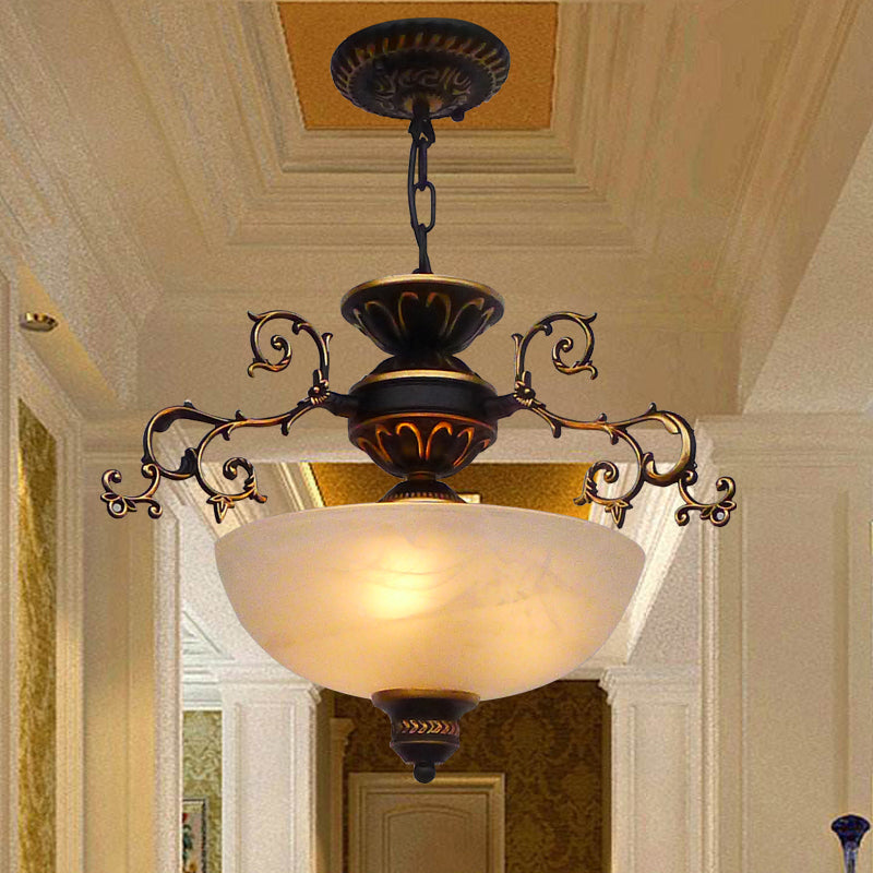 Yellow/White Glass Bowl Hanging Chandelier Traditional LED Living Room Pendant Light