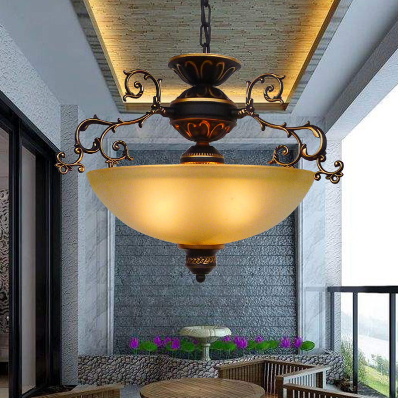 Yellow/White Glass Bowl Hanging Chandelier Traditional LED Living Room Pendant Light