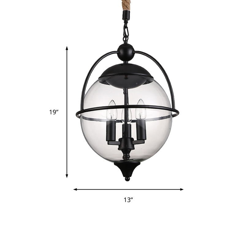 Globe en verre transparent lustre Light traditionnel 3 éclairage pendentif de salon léger en noir