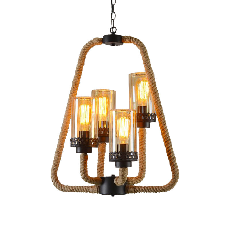 Beige 4 Lights Pendant Chandelier Traditional Rope and Glass Cylinder Hanging Light