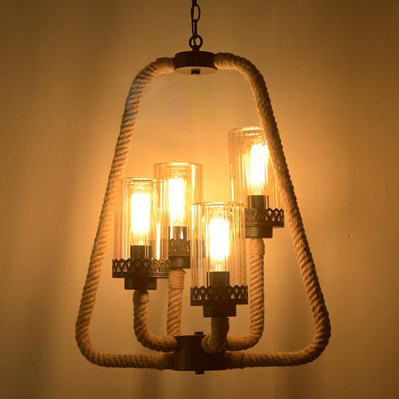 Beige 4 Lights Pendant Chandelier Traditional Rope and Glass Cylinder Hanging Light