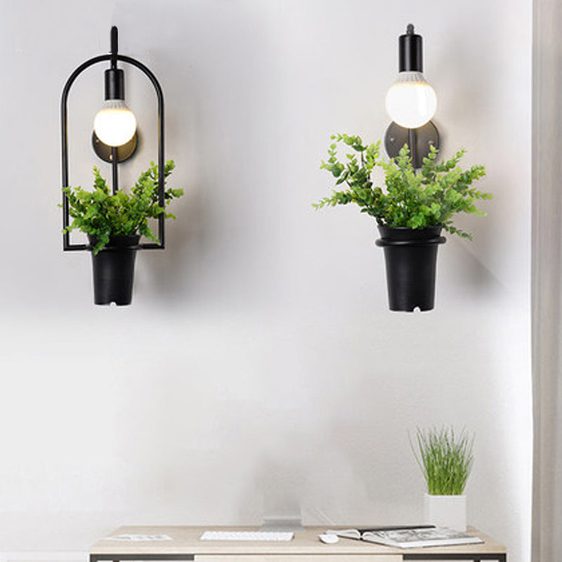Vintage Geometric Shaped Wall Mount Light 1 Head Iron Wall Light Fixture with Plant Decor in Black