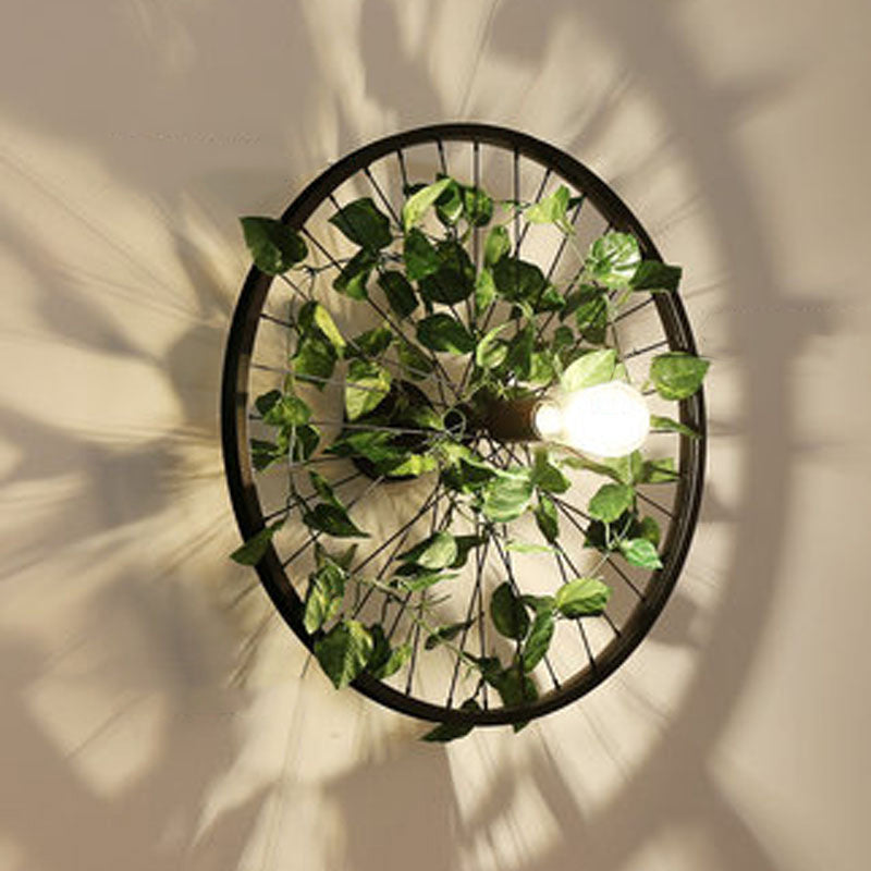 Luz de montaje de pared de forma geométrica 1 cabeza 1 cabezal lámpara de pared de hierro con decoración de plantas en negro