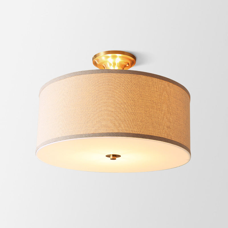 Traditional Drum Shaped Semi Flush Mount Fabric Flush Ceiling Light Fixture in Beige