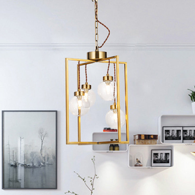 Brass 3/4 Lights Chandelier Light Fixture Traditional Clear Glass and Metal Rectangle Pendant Lamp