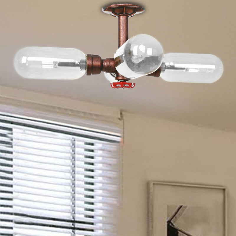 Antique Copper Sputnik Semi Flush Light Vintage Clear Glass 4/6 Light Dining Room Ceiling Lighting Fixture with Pipe Design