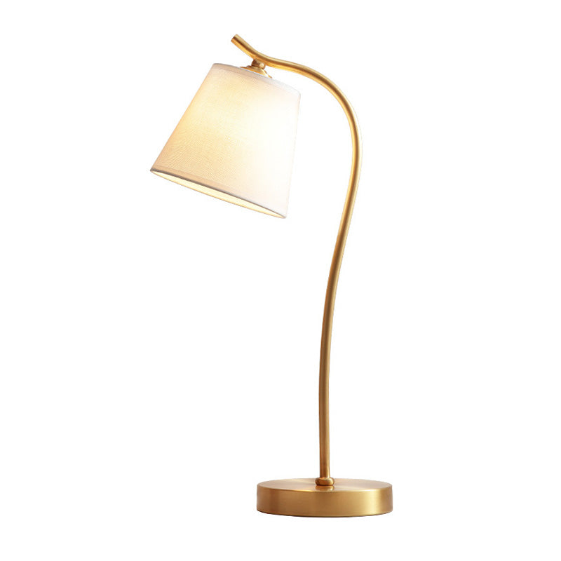 Lampada da tavolo a collo di cigno in metallo Lampada da comodino minimalista a 1 luce dorata con paralume in tessuto a cono