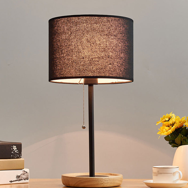 Drum Shaped Study Room Table Lighting Fabric 1��Head Minimalist Nightstand Lamp with Pull Chain