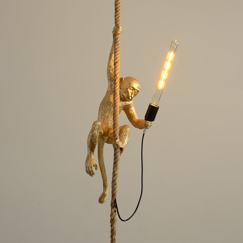 Modern Monkey Ceiling Light Resin Single-Bulb Restaurant Hanging Pendant Light with Hemp Rope