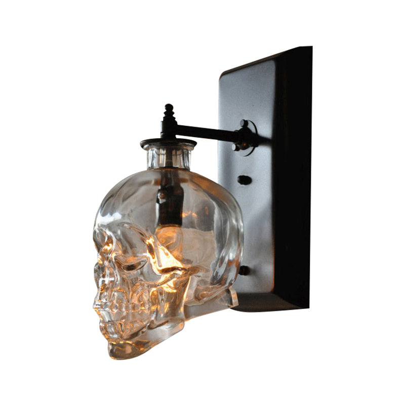 Black Skull Wall Mount Light Artistic Single-Bulb Clear Glass Wall Light Fixture for Corridor