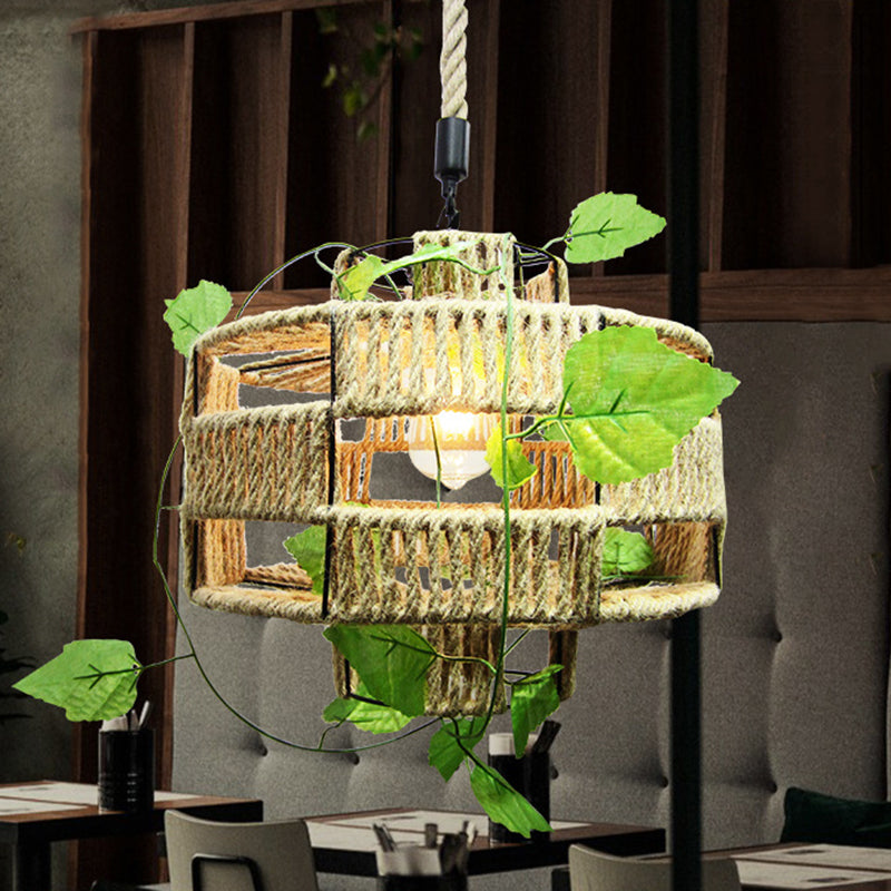 Lantern Shaped Restaurant Pendant Light Antique Hemp Rope 1-Light Beige Hanging Light Fixture with Artificial Ivy