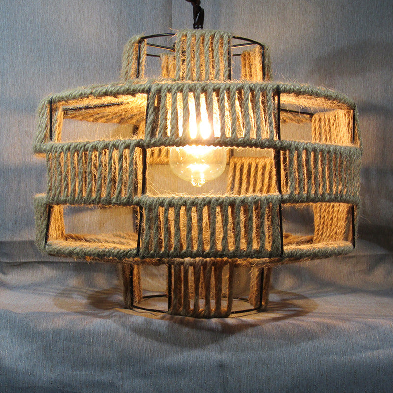 Lantern Shaped Restaurant Pendant Light Antique Hemp Rope 1-Light Beige Hanging Light Fixture with Artificial Ivy