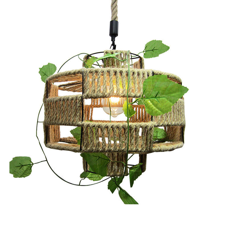 Lantern Shaped Restaurant Pendant Light Antique Hemp Rope 1-Light Beige Hanging Light Fixture with Artificial Ivy