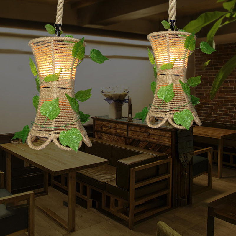 Beige 1 Bulb Hanging Light Rustic Natural Rope Flared Pendant Light Fixture with Artificial Ivy