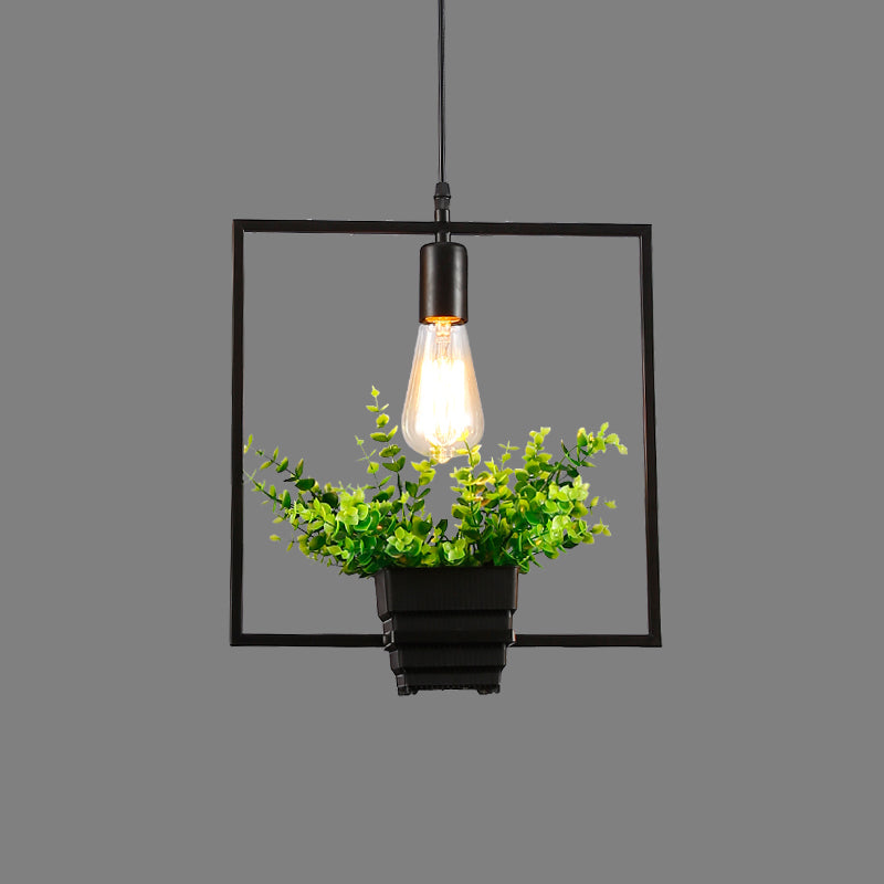 Vintage Geometric Hanging Lamp Single-Bulb Iron Lighting Pendant with Artificial Plant in Black