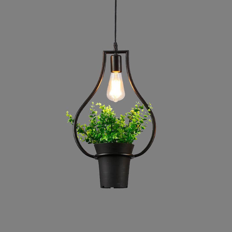 Vintage Geometric Hanging Lamp Single-Bulb Iron Lighting Pendant with Artificial Plant in Black