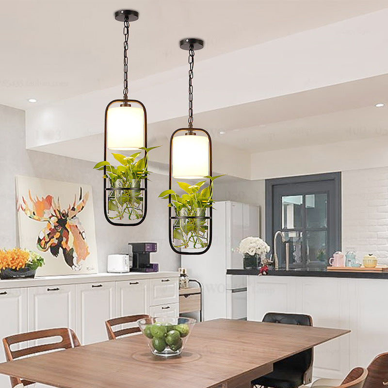 Rectangle Iron Hanging Light Rustic Single Restaurant Pendant Light with Fabric Shade and Clear Glass Planter in Black
