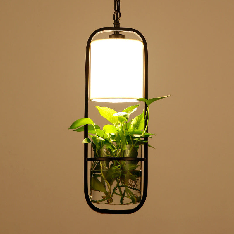 Rectangle Iron Hanging Light Rustic Single Restaurant Pendant Light with Fabric Shade and Clear Glass Planter in Black