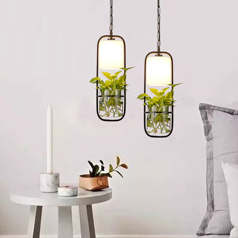 Rectangle Iron Hanging Light Rustic Single Restaurant Pendant Light with Fabric Shade and Clear Glass Planter in Black