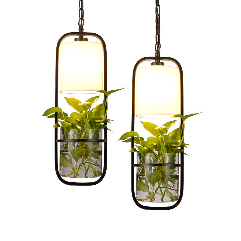 Rectangle Iron Hanging Light Rustic Single Restaurant Pendant Light with Fabric Shade and Clear Glass Planter in Black