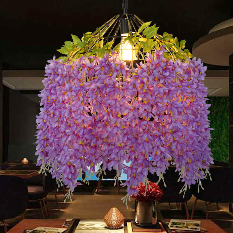 Iron Birdcage Hanging Light Rustic 1 Bulbe Restaurant Pendant Lightture Aymor avec fleur artificielle