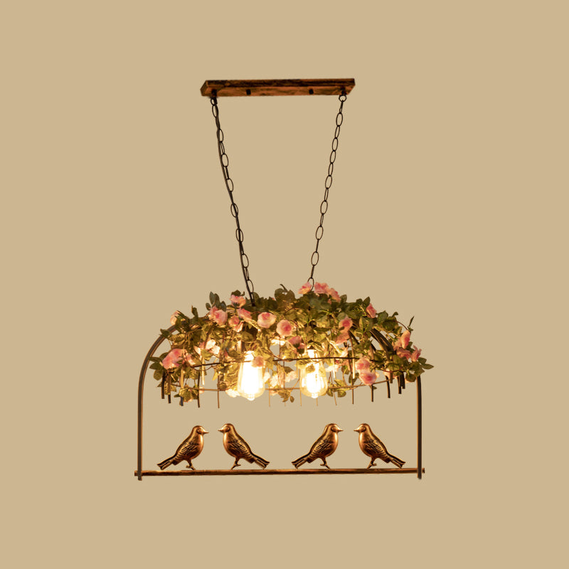 Bird Cage Iron Hanging Light Vintage Restaurant Island Pendant Light with Decorative Plant
