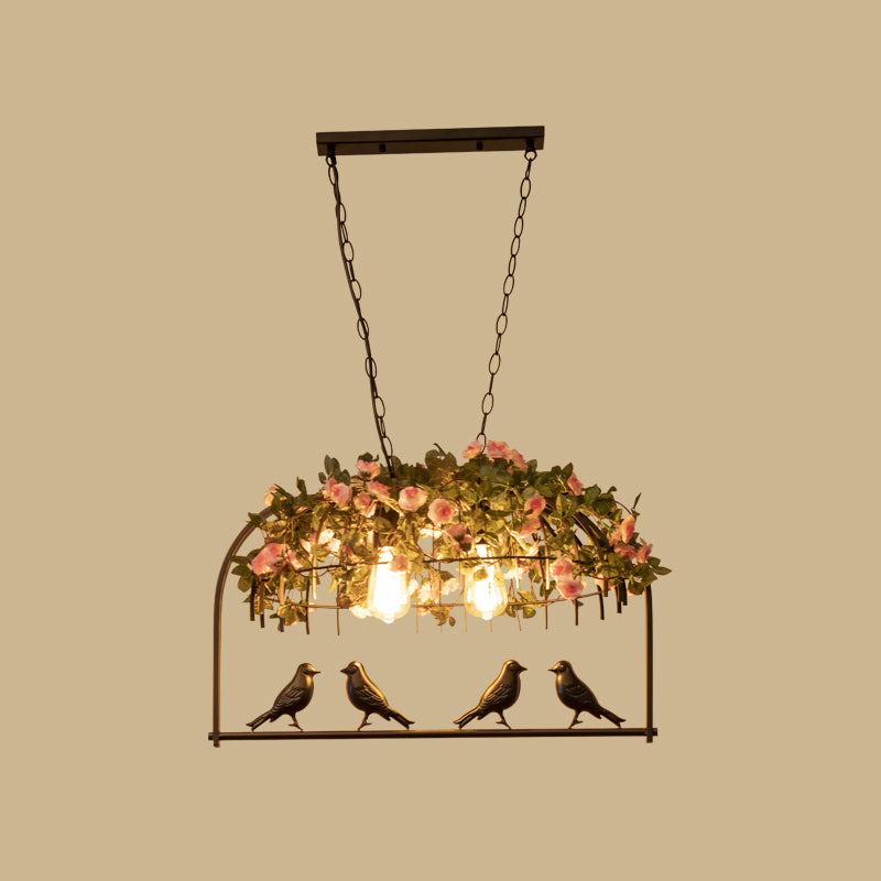 Bird Cage Iron Hanging Light Vintage Restaurant Island Pendant Light with Decorative Plant