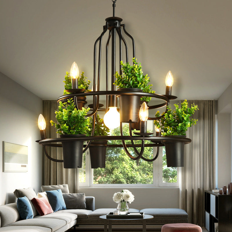Candelabra Restaurant Hanging Lamp Vintage Iron 7 Heads Black Chandelier Pendant Light with Artificial Potted Plant