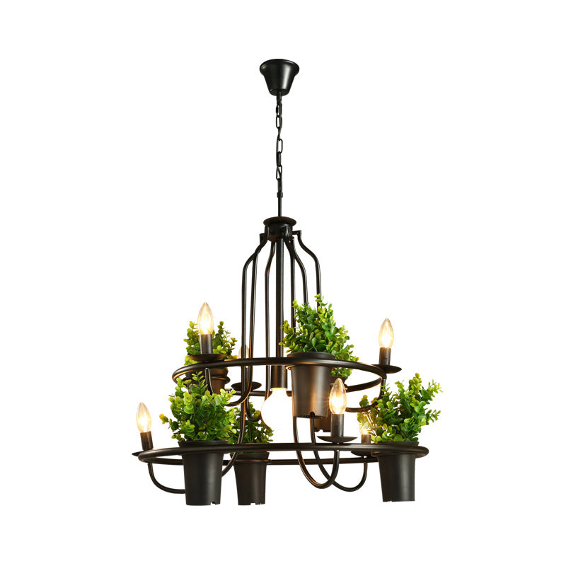 Candelabra Restaurant Hanging Lamp Vintage Iron 7 Heads Black Chandelier Pendant Light with Artificial Potted Plant