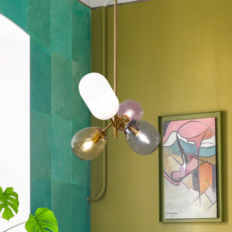 Brass Round Pendant Lighting Traditional Colorful Glass 4 Lights Living Room Chandelier with Sputnik Design