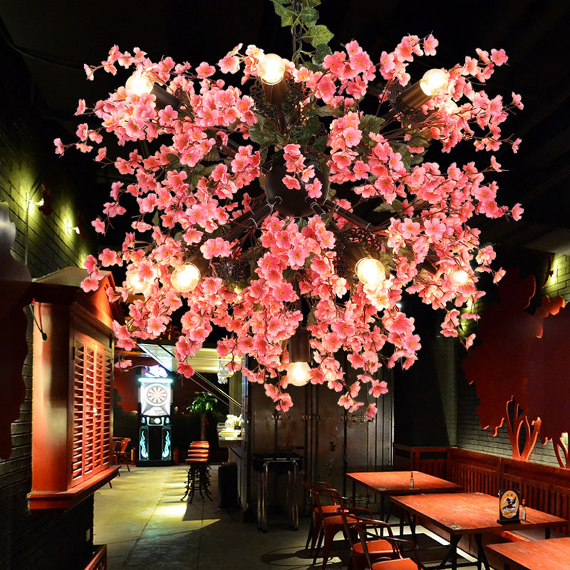 13 Köpfe Eisendecke Beleuchtung Vintage Pink Starburst Restaurant Kronleuchter Leuchte mit Kirschblütendekoration