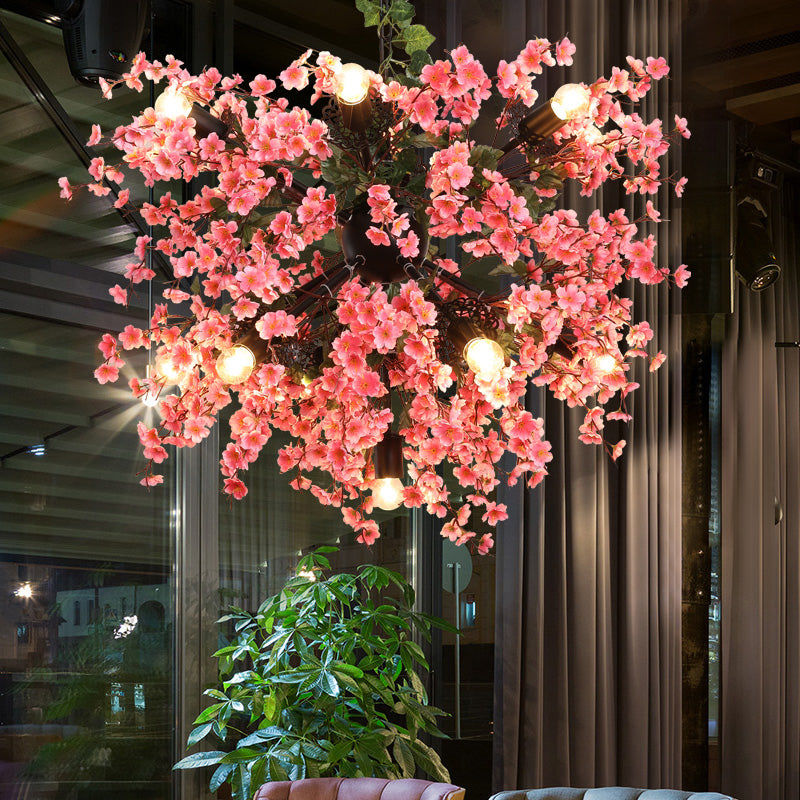 13 Köpfe Eisendecke Beleuchtung Vintage Pink Starburst Restaurant Kronleuchter Leuchte mit Kirschblütendekoration