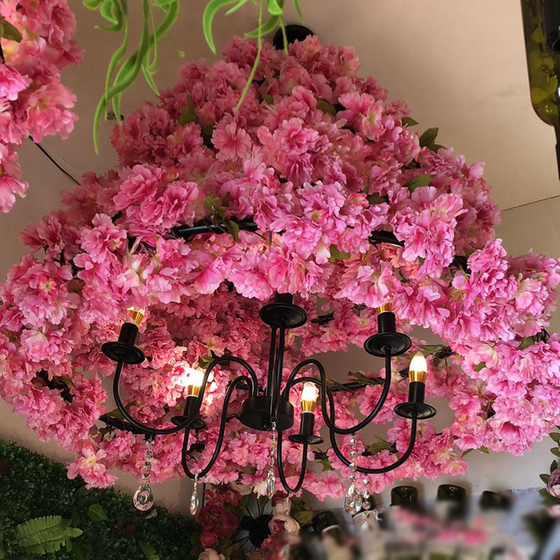 Iron Cone Cage Ceiling Lighting Industrial Restaurant Chandelier Light Fixture with Artificial Flower