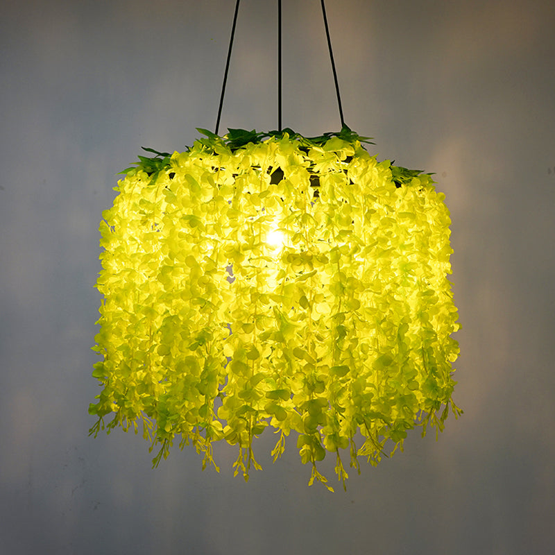 Vintage Wagon Wheel Chandelier Pendant Light 3 Bulbs Iron Hanging Light with Artificial Flower Vine