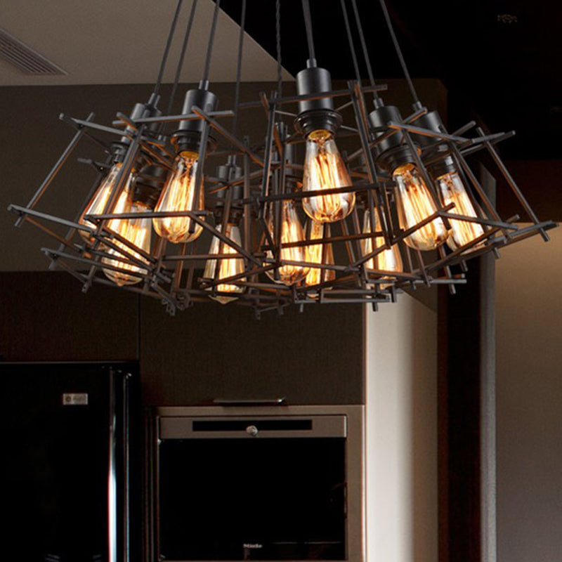 Metal Square Caged Hanging Chandelier Industrial 10-Light Dining Room Pendant Light in Black