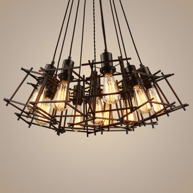 Metal Square Caged Hanging Chandelier Industrial 10-Light Dining Room Pendant Light in Black