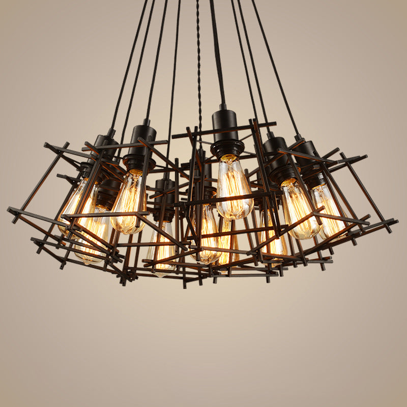 Metal Square enjaulado Candelier Industrial Industrial de comedor de 10 luces Luz colgante en negro