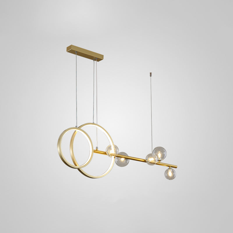 Moderno a ciondolo lineare e anello LED Light Metal Dining Room Isola sospesa con tonalità in vetro trasparente